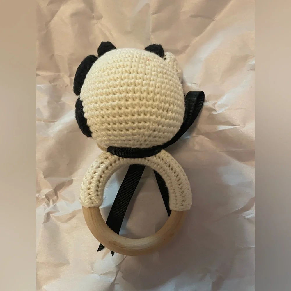 Crochet Cow Rattle Toy with Black and Cream Design